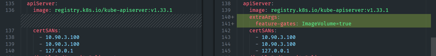API server patch diff showing ImageVolume feature gate addition